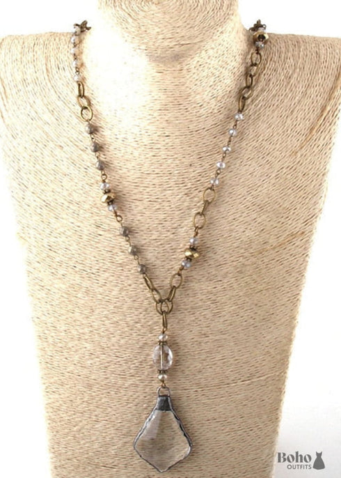 Boho Necklace, RH Antique Brass Silver Stone Glass